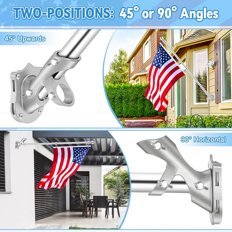 REERON Flag Pole Holder for Outside House, 2-Positions Metal Flagpole Brackets Mount, 1" Aluminium Rustproof Flag Pole Wall Porch Mounting Bracket with 3 Fixed Holes & Steel Hardwares (Silver-2 Pack) - Image 4